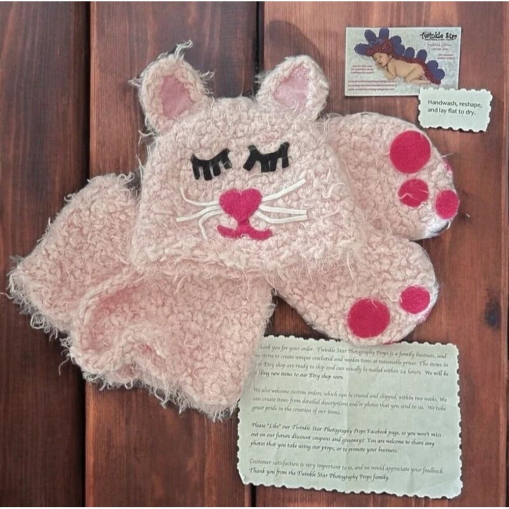 Handmade Newborn Baby Girl 4pc Photo Prop Outfit ~soft pink kitten cat